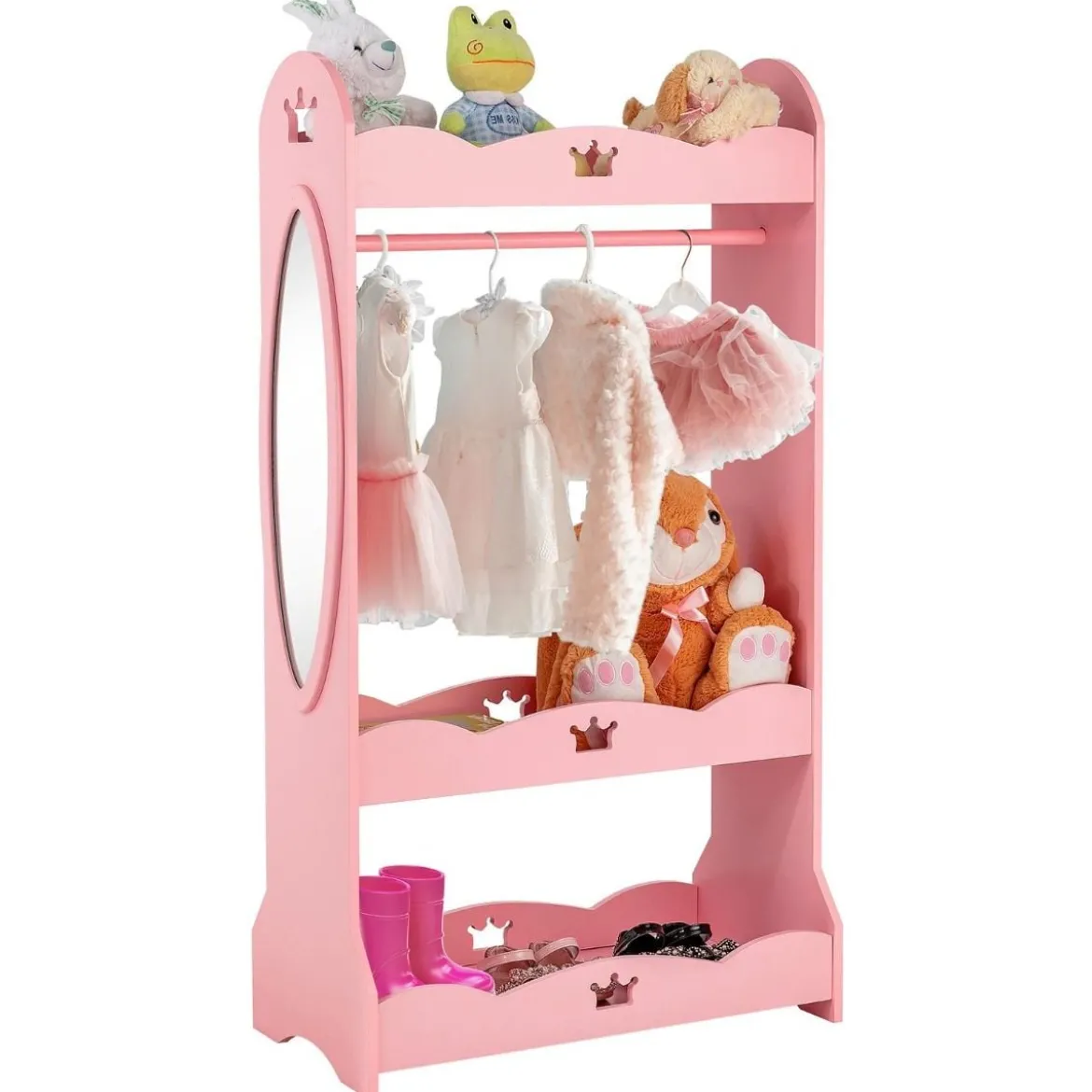 Kinder Kleiderschrank mit Spiegel & Kleiderstange aus Holz 62 x 34 x 116 cm Rosa