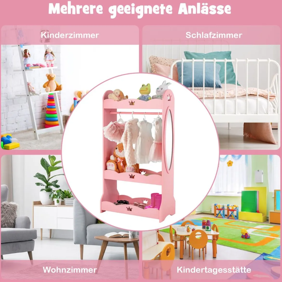 Kinder Kleiderschrank mit Spiegel & Kleiderstange aus Holz 62 x 34 x 116 cm Rosa