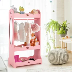 Kinder Kleiderschrank mit Spiegel & Kleiderstange aus Holz 62 x 34 x 116 cm Rosa