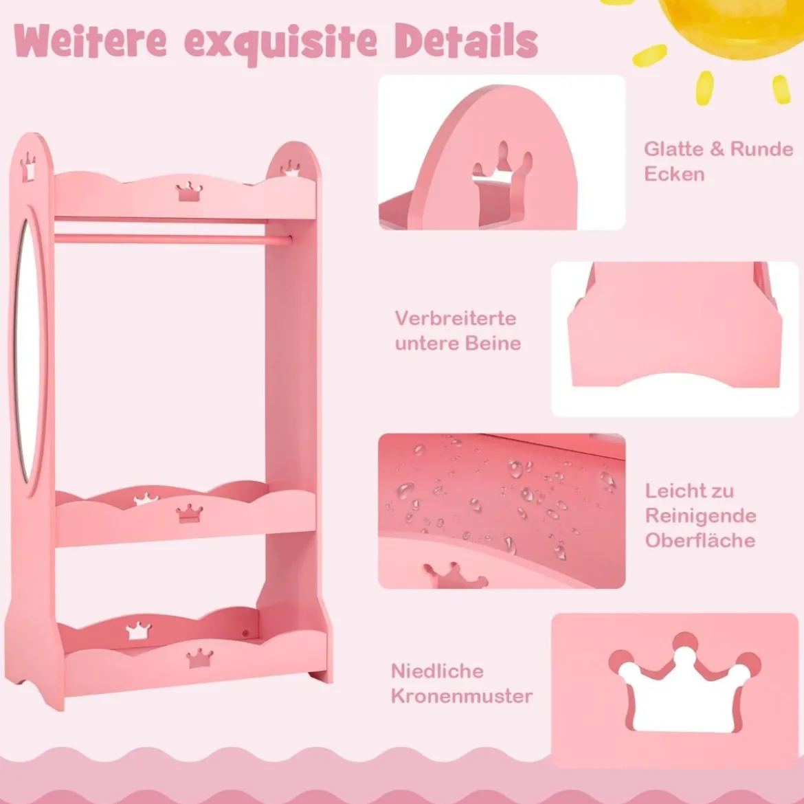 Kinder Kleiderschrank mit Spiegel & Kleiderstange aus Holz 62 x 34 x 116 cm Rosa