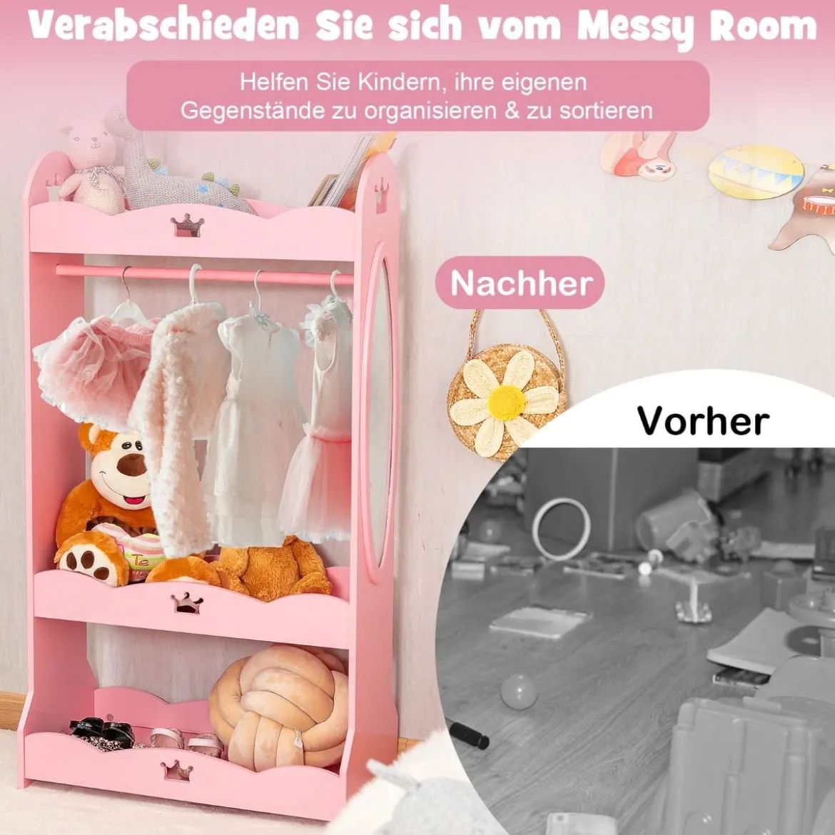 Kinder Kleiderschrank mit Spiegel & Kleiderstange aus Holz 62 x 34 x 116 cm Rosa