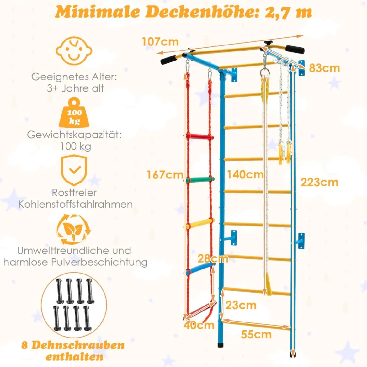 Kinder Kletterwand Heimsportgerät für Kinder bis 100 kg107 x 83 x 223 cm Blau und Gelb