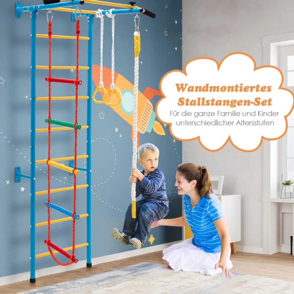 Kinder Kletterwand Heimsportgerät für Kinder bis 100 kg107 x 83 x 223 cm Blau und Gelb