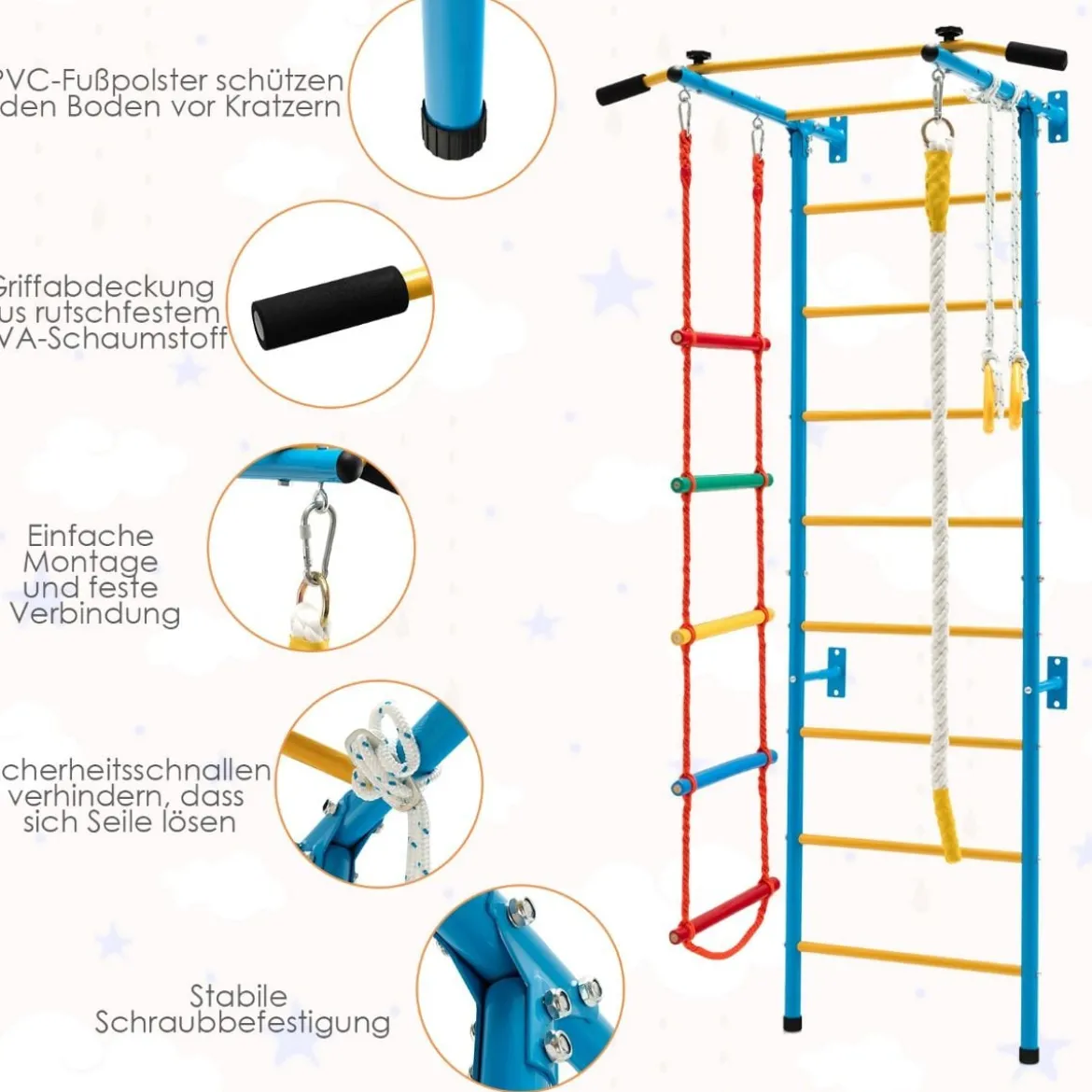 Kinder Kletterwand Heimsportgerät für Kinder bis 100 kg107 x 83 x 223 cm Blau und Gelb