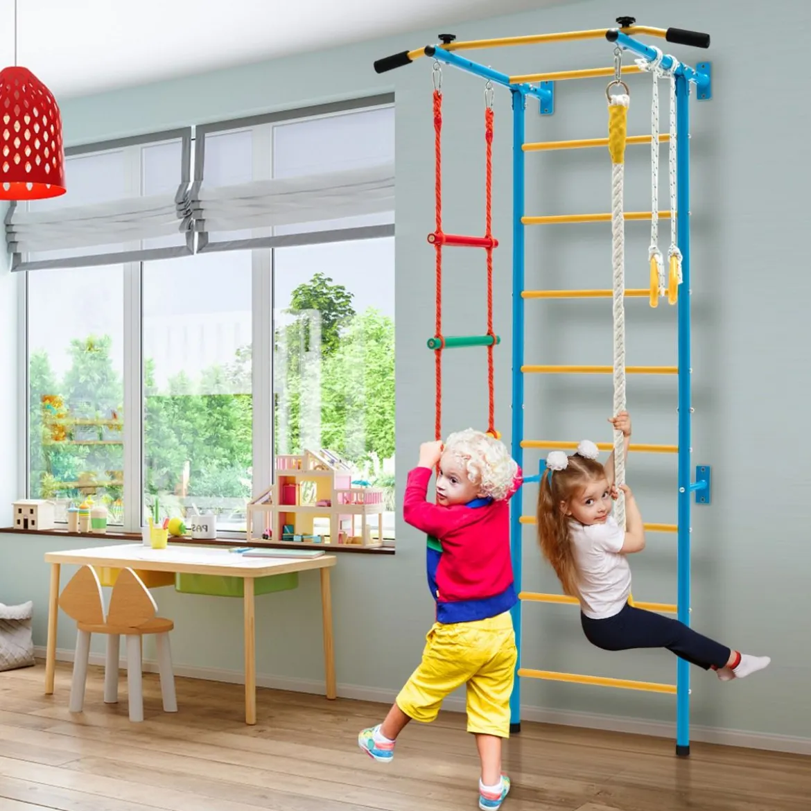 Kinder Kletterwand Heimsportgerät für Kinder bis 100 kg107 x 83 x 223 cm Blau und Gelb