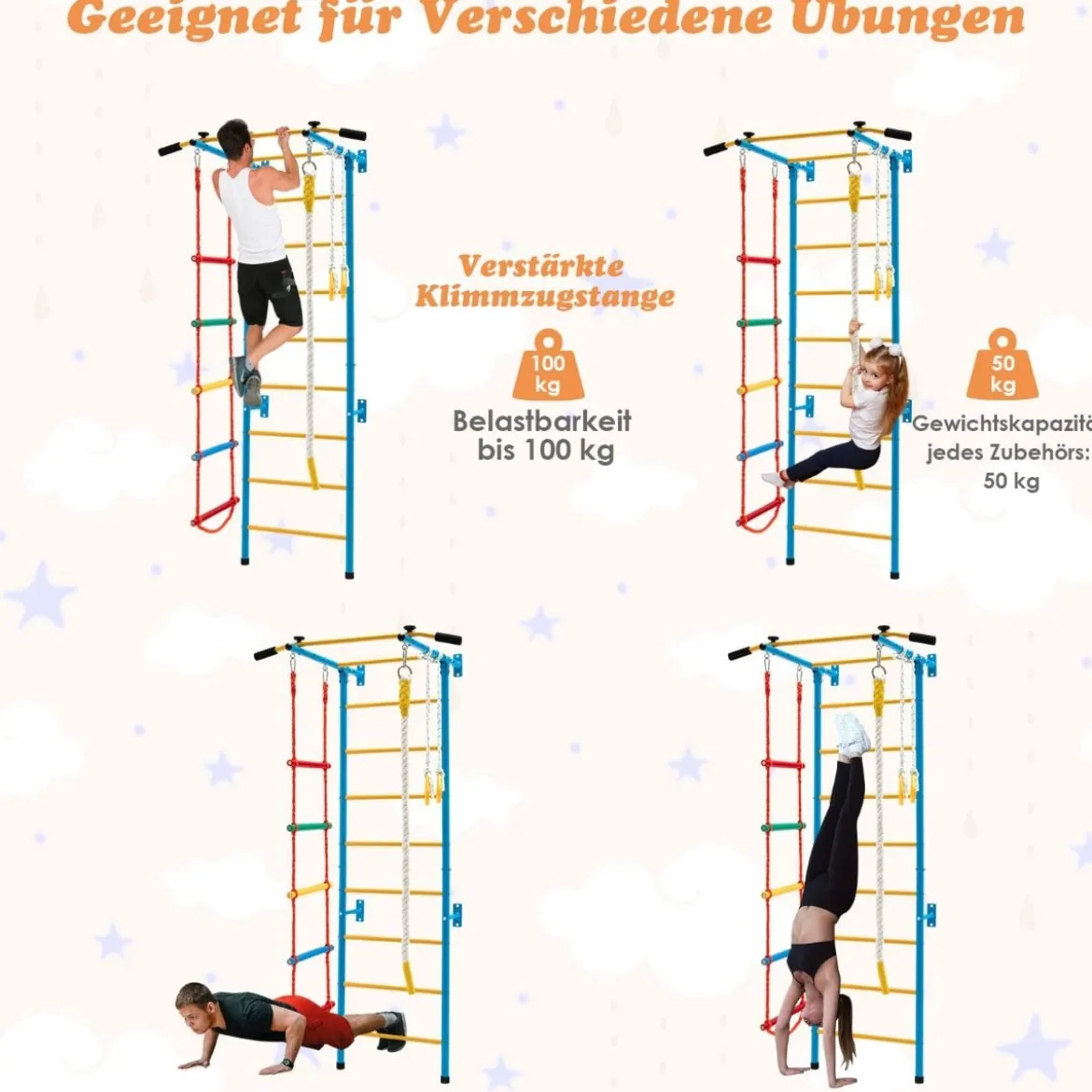 Kinder Kletterwand Heimsportgerät für Kinder bis 100 kg107 x 83 x 223 cm Blau und Gelb