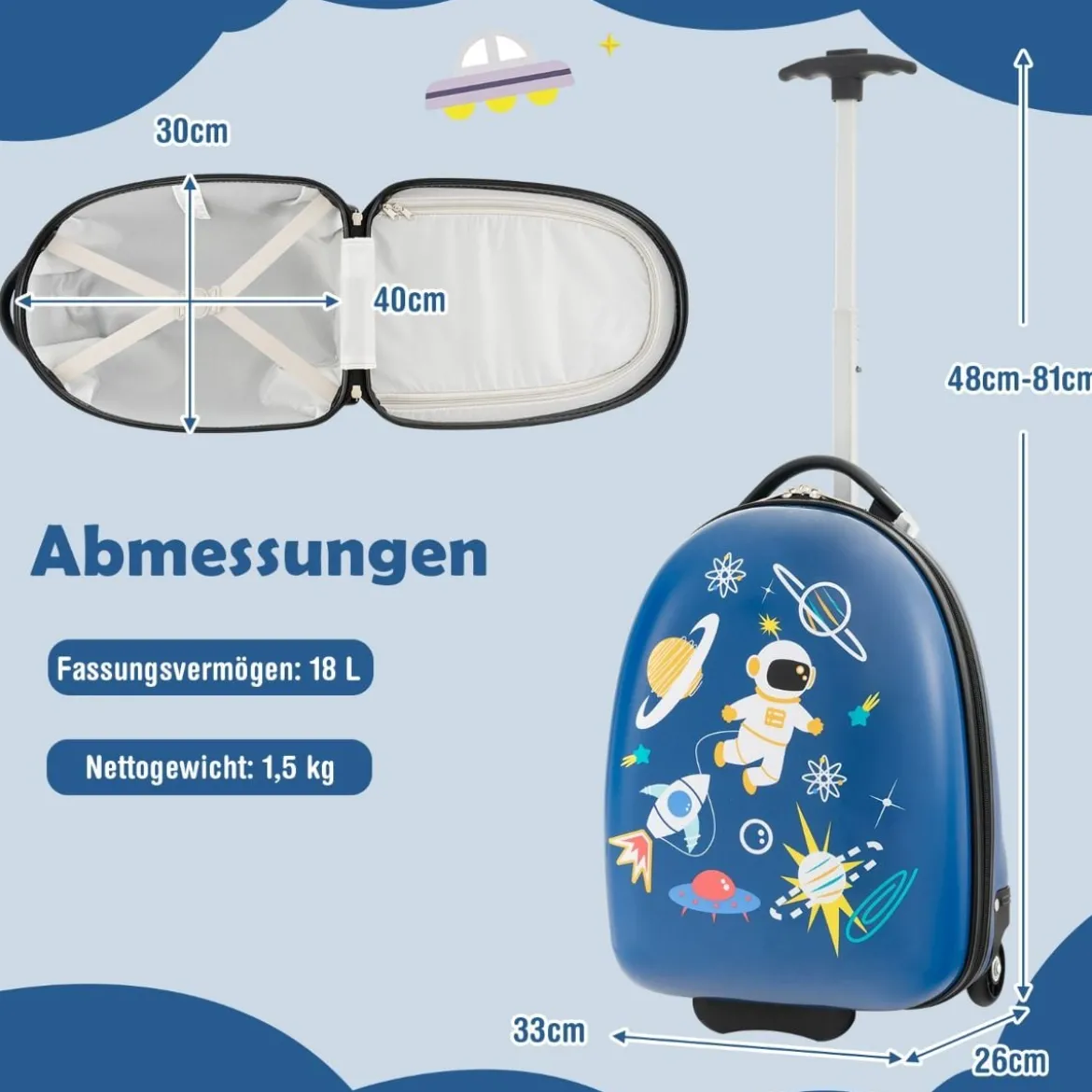 16" Kinderkoffer mit 2-stufigem Teleskopgriff Kindertrolley Kinder Handgepäck Astronauten