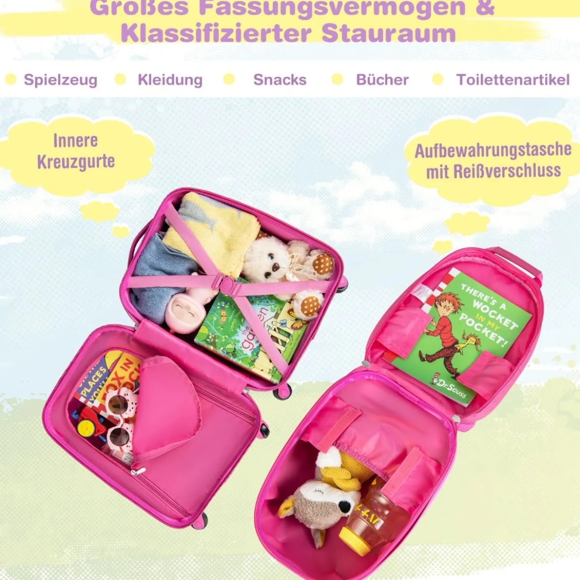 Kinderkoffer Rollender Hartschalen-Koffer 2-Teiliges Handgepäck-Set mit Spinner-Rädern Rosa