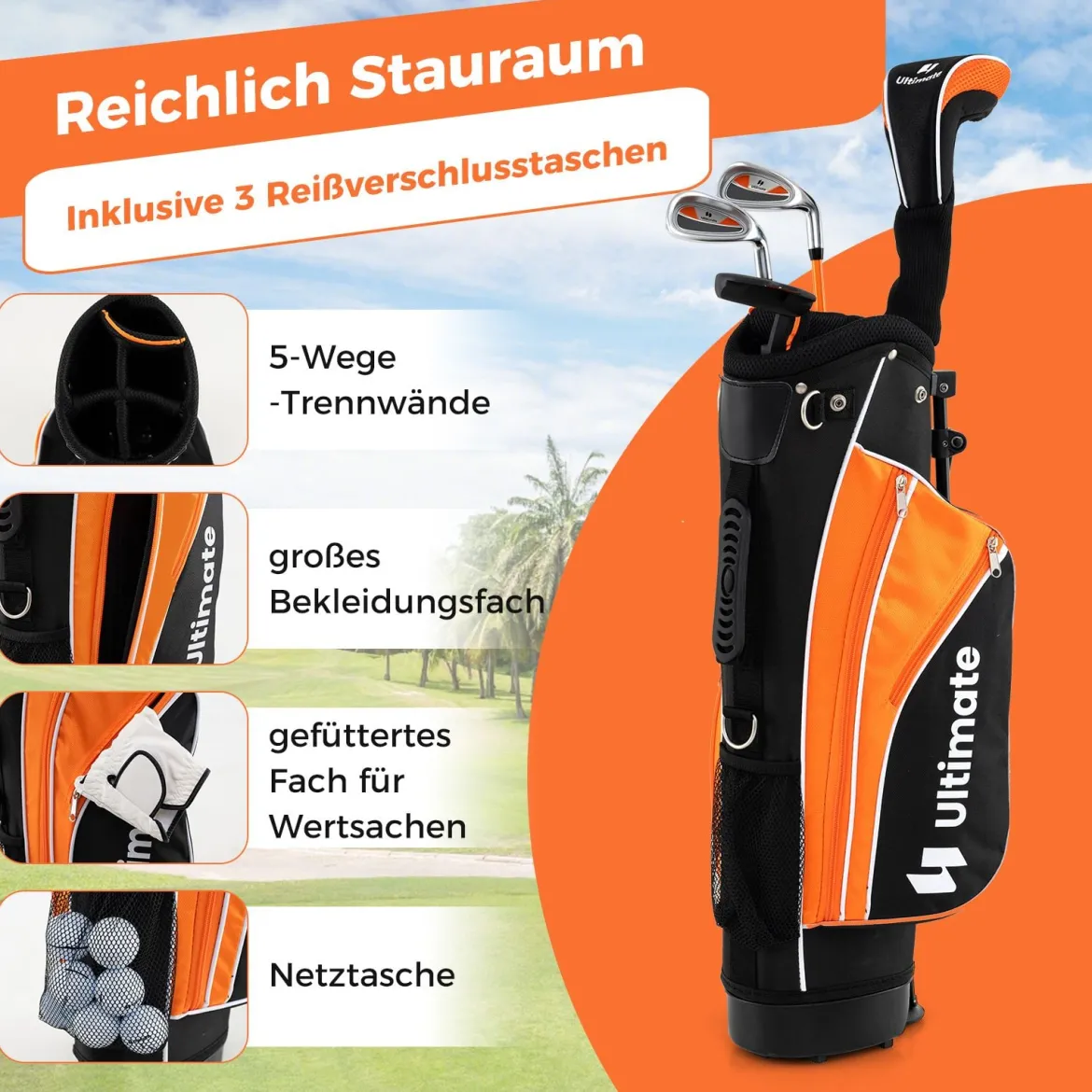 Kinder Komplettes Golf-Schlägerset Rechtshänder Golfset für Kinder von 8-10 Jahren Orange