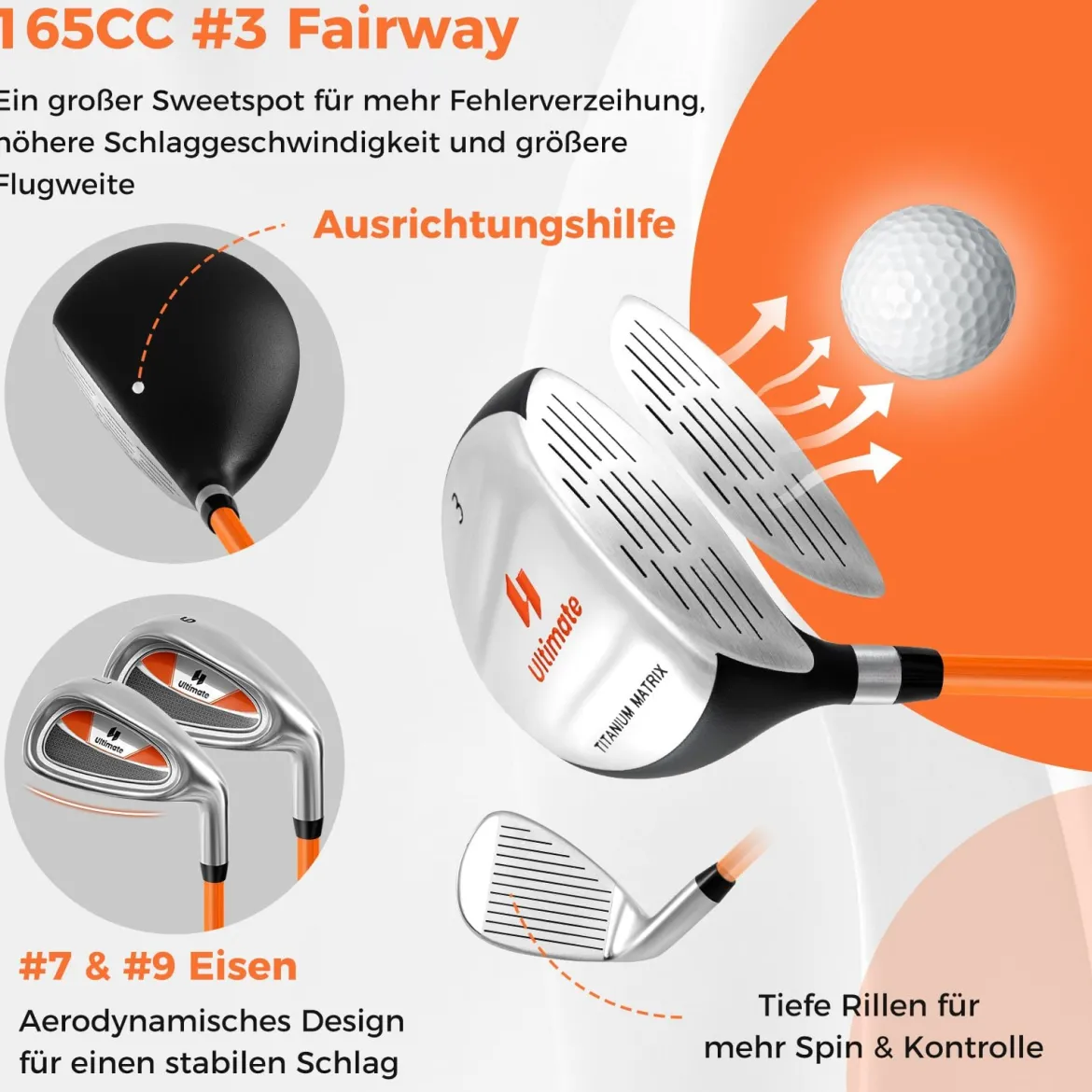 Kinder Komplettes Golf-Schlägerset Rechtshänder Golfset für Kinder von 8-10 Jahren Orange