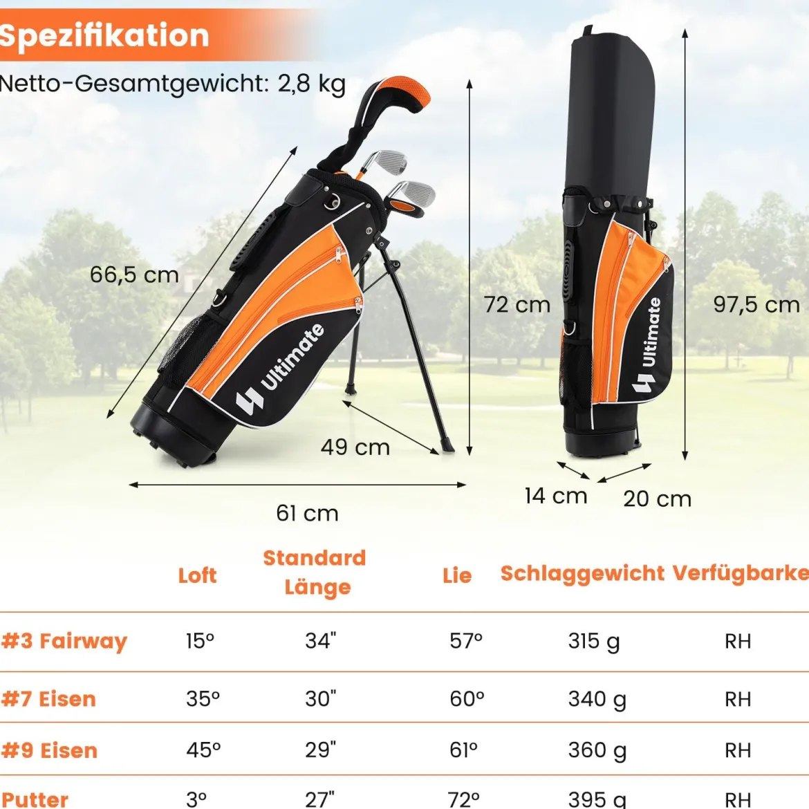 Kinder Komplettes Golf-Schlägerset Rechtshänder Golfset für Kinder von 8-10 Jahren Orange