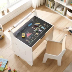 Kinderkunsttisch und Stuhl Holz Aktivitätstisch und Stuhl Set mit 2 in 1 abnehmbarem Tischplatte Weiß