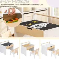 Kinderkunsttisch und Stuhl Holz Aktivitätstisch und Stuhl Set mit 2 in 1 abnehmbarem Tischplatte Weiß