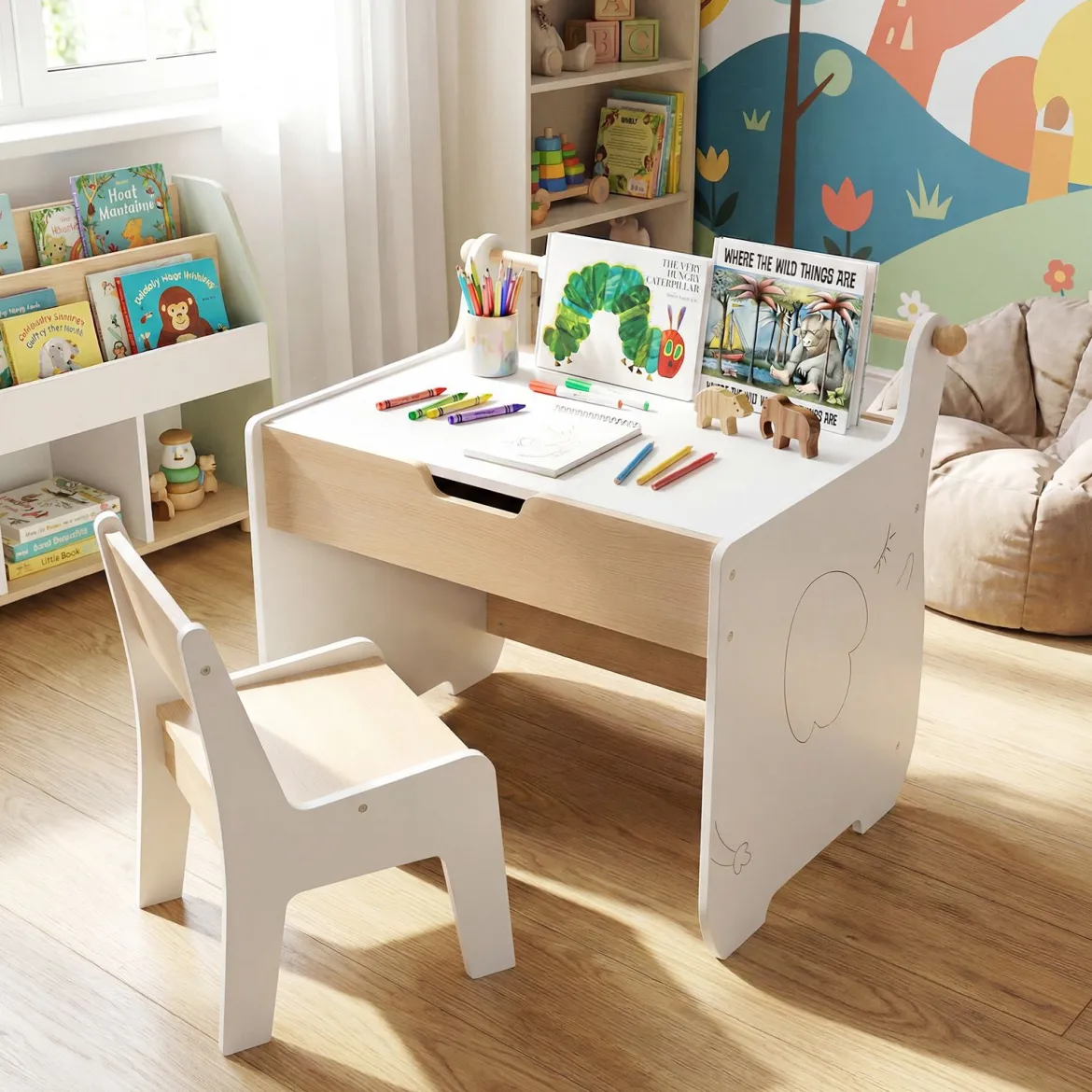 Kinderkunsttisch und Stuhl Holz Aktivitätstisch und Stuhl Set mit 2 in 1 abnehmbarem Tischplatte Weiß