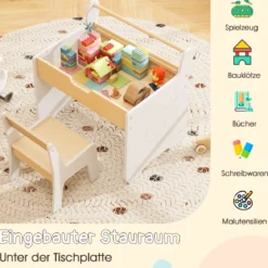 Kinderkunsttisch und Stuhl Holz Aktivitätstisch und Stuhl Set mit 2 in 1 abnehmbarem Tischplatte Weiß