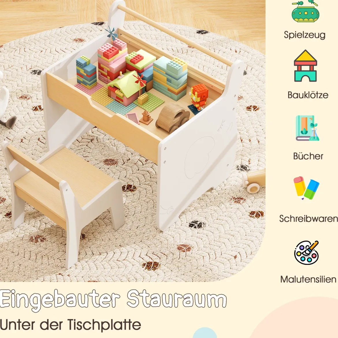 Kinderkunsttisch und Stuhl Holz Aktivitätstisch und Stuhl Set mit 2 in 1 abnehmbarem Tischplatte Weiß