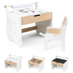Kinderkunsttisch und Stuhl Holz Aktivitätstisch und Stuhl Set mit 2 in 1 abnehmbarem Tischplatte Weiß
