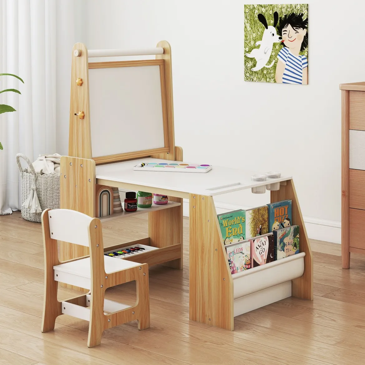 Kinderkunsttisch und Stuhl-Set multifunktionaler Kindertisch mit Staffelei & Stuhl Whiteboard & Kreidetafel Natur