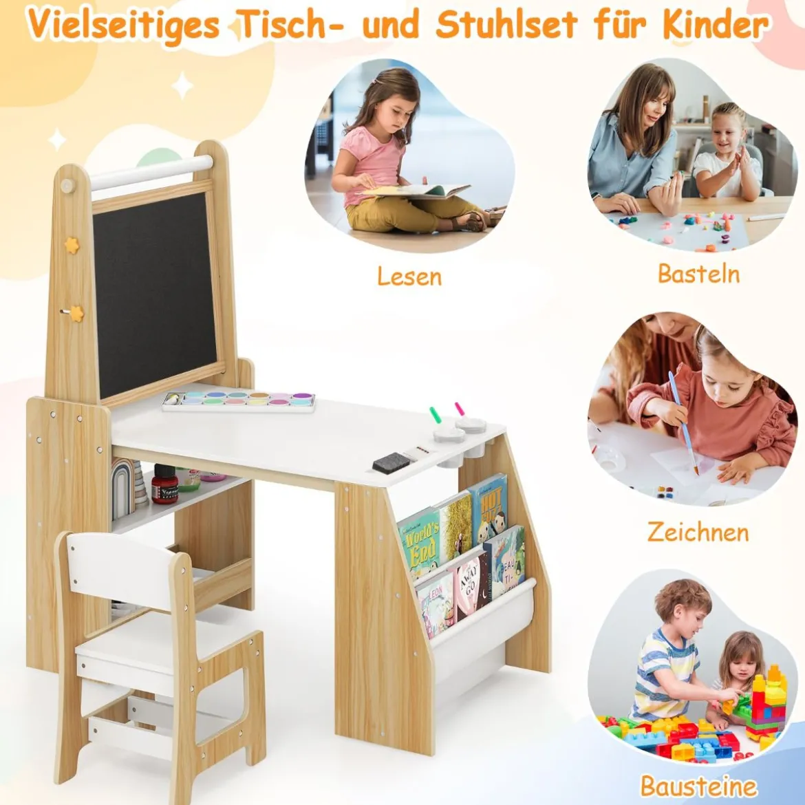 Kinderkunsttisch und Stuhl-Set multifunktionaler Kindertisch mit Staffelei & Stuhl Whiteboard & Kreidetafel Natur