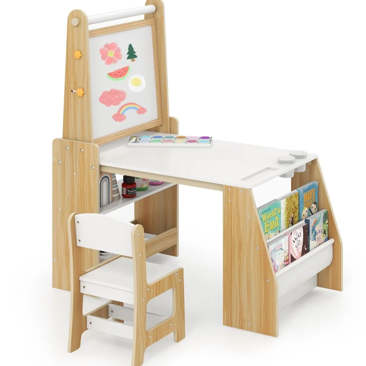 Kinderkunsttisch und Stuhl-Set multifunktionaler Kindertisch mit Staffelei & Stuhl Whiteboard & Kreidetafel Natur