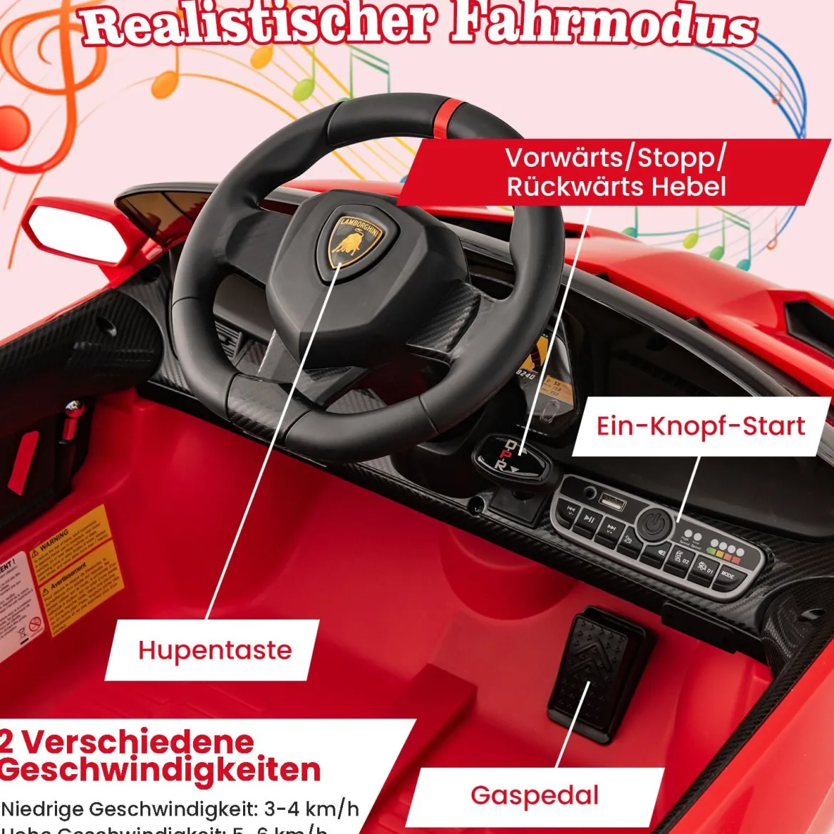 Kinder Lamborghini Elektroauto mit Fernbedienung & LED Scheinwerfer & Hupe & Musik Kinderfahrzeug