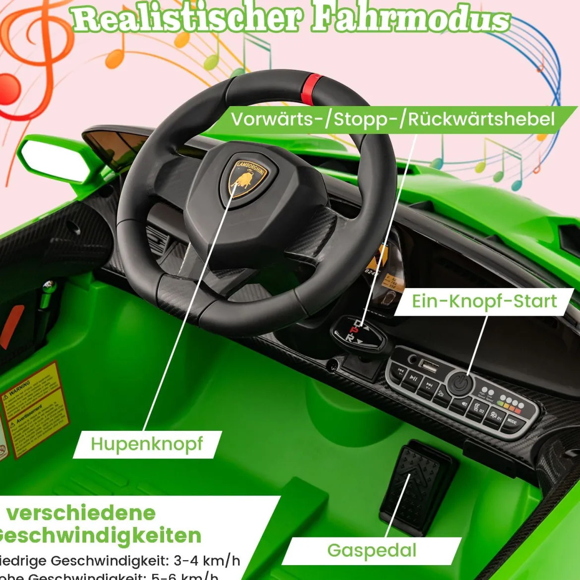 Kinder Lamborghini Elektroauto mit Fernbedienung & LED Scheinwerfer & Hupe & Musik Kinderfahrzeug