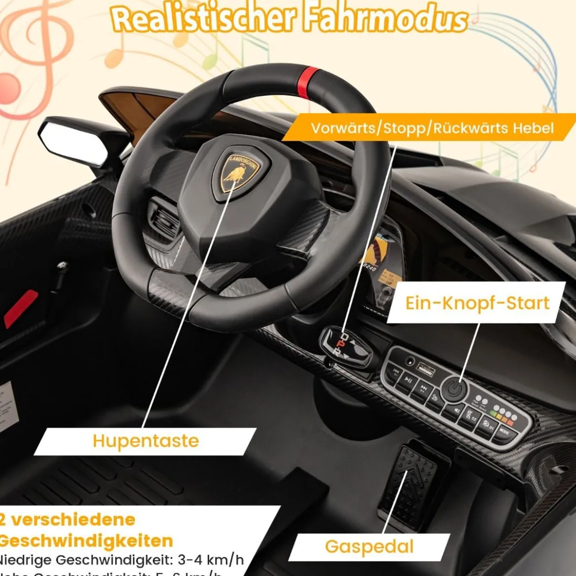 Kinder Lamborghini Elektroauto mit Fernbedienung & LED Scheinwerfer & Hupe & Musik Kinderfahrzeug