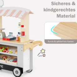 Kinder Lebensmittelwagen aus Holz auf 3 Rädern mit Kasse Foodtruck für Kinder ab 3 J. Grau