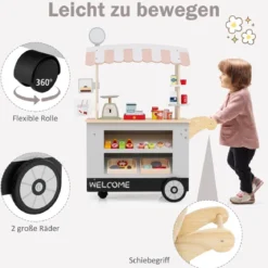 Kinder Lebensmittelwagen aus Holz auf 3 Rädern mit Kasse Foodtruck für Kinder ab 3 J. Grau