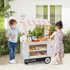 Kinder Lebensmittelwagen aus Holz auf 3 Rädern mit Kasse Foodtruck für Kinder ab 3 J. Grau