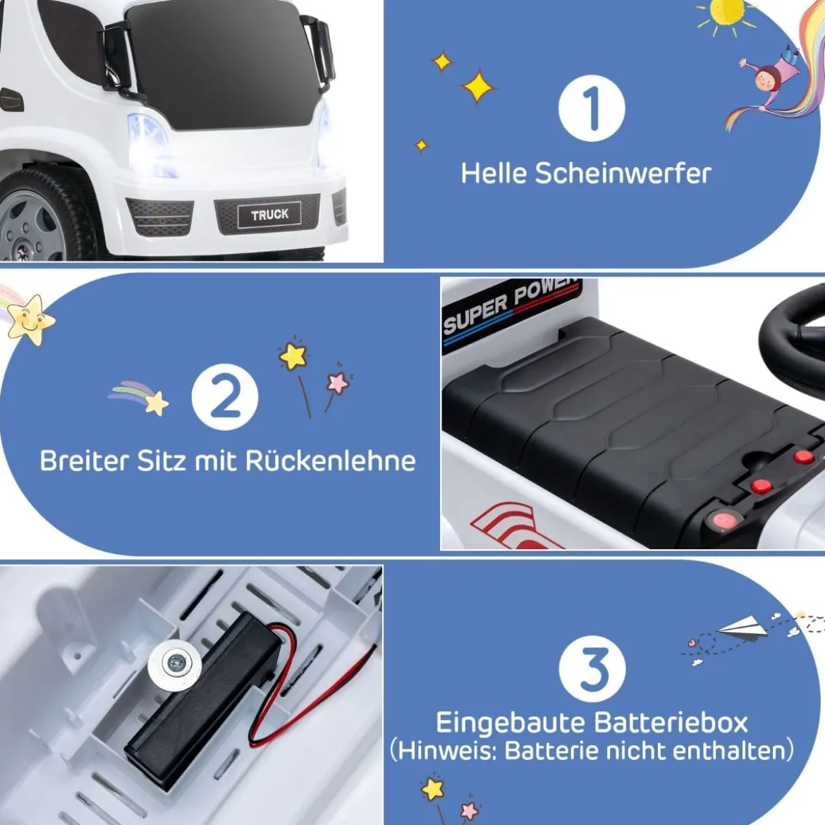 Kinder LKW mit Anhänger & Lenkrad & Musik für Kinder von 18–36 Monaten Weiß