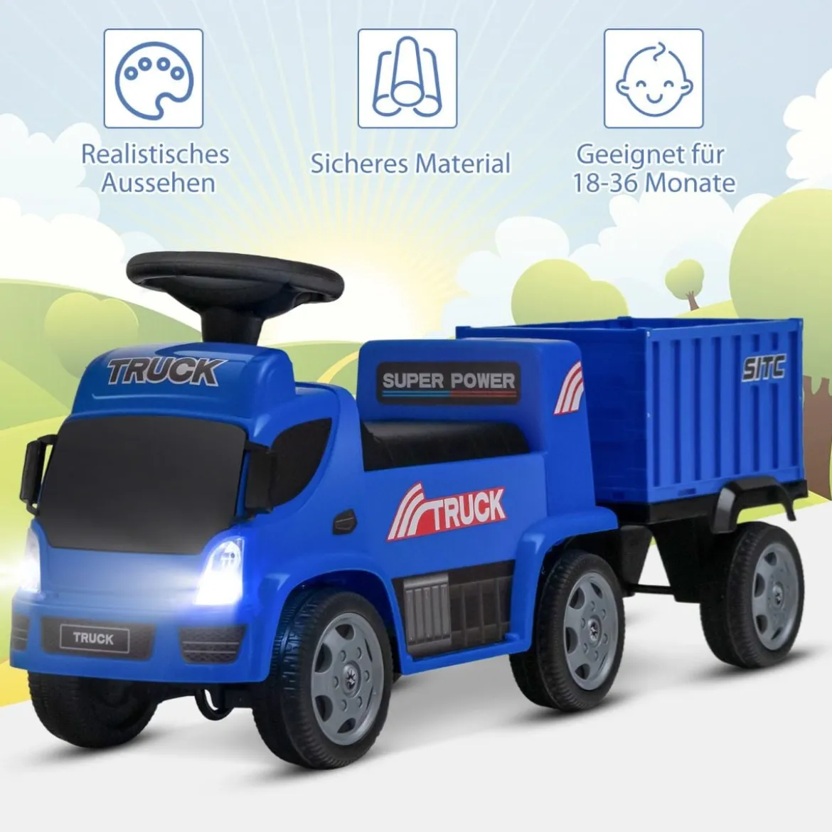 Kinder LKW mit Anhänger & Lenkrad & Musik für Kinder von 18–36 Monaten Blau
