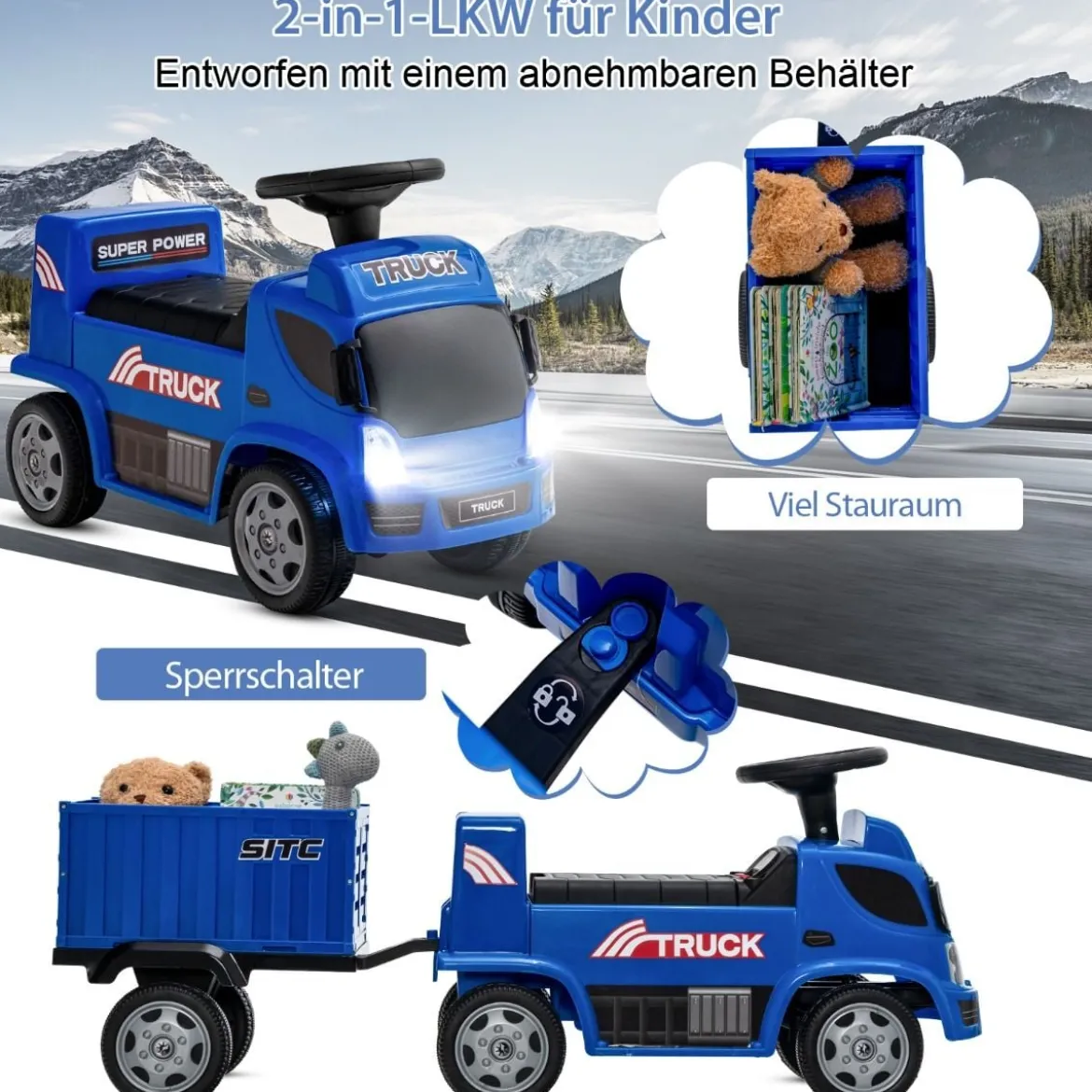 Kinder LKW mit Anhänger & Lenkrad & Musik für Kinder von 18–36 Monaten Blau
