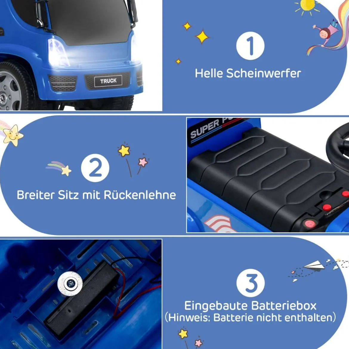 Kinder LKW mit Anhänger & Lenkrad & Musik für Kinder von 18–36 Monaten Blau