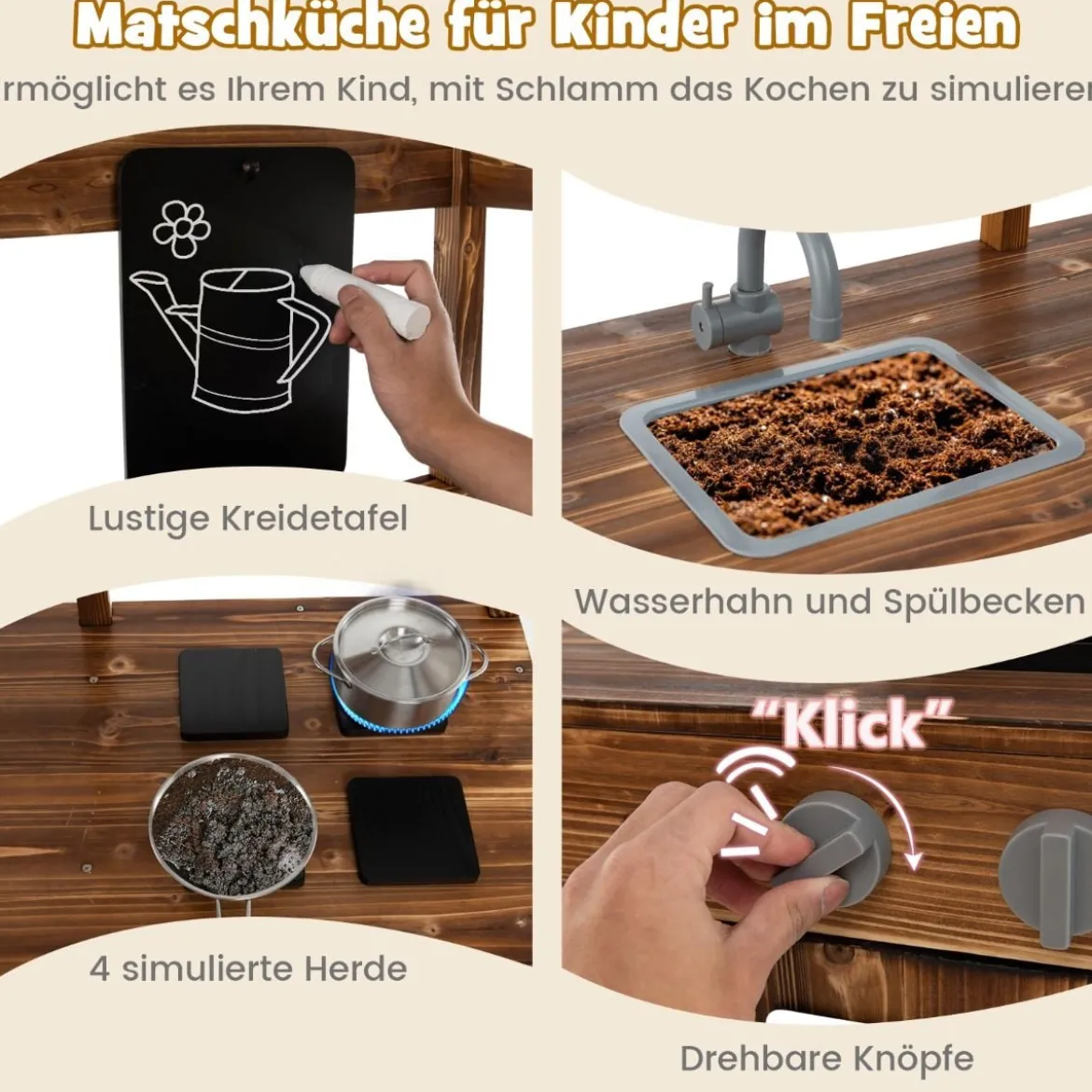 Kinder Matschküche aus Massivholz mit Vordach & Kreidetafel & Abnehmbarem Spülbecken