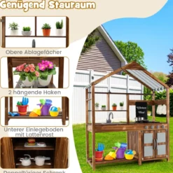 Kinder Matschküche aus Massivholz mit Vordach & Kreidetafel & Abnehmbarem Spülbecken