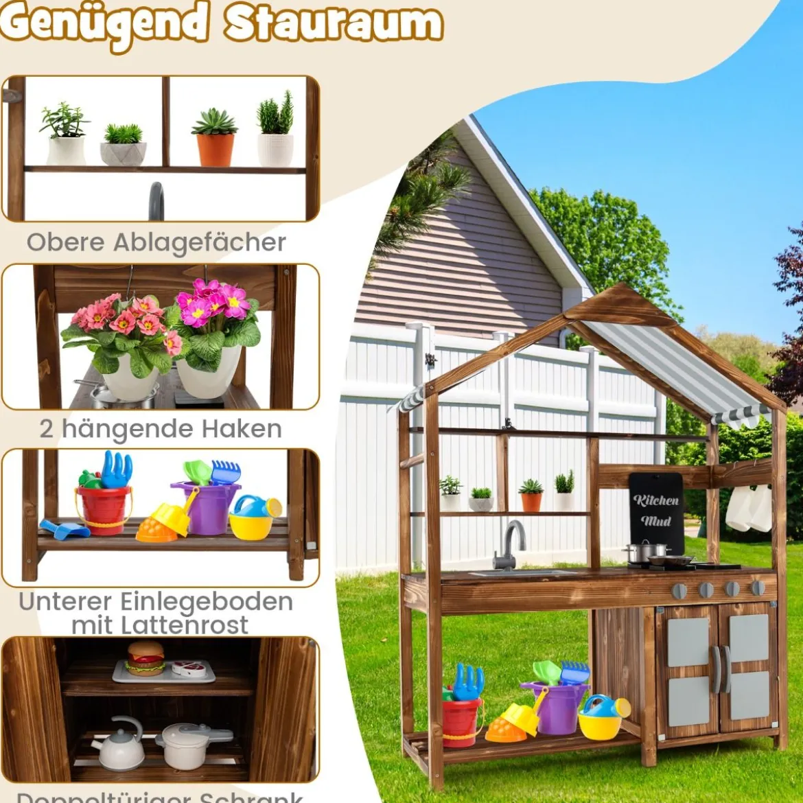 Kinder Matschküche aus Massivholz mit Vordach & Kreidetafel & Abnehmbarem Spülbecken