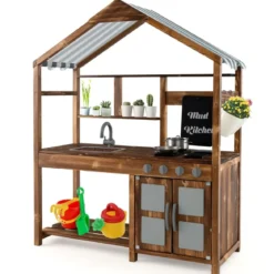 Kinder Matschküche aus Massivholz mit Vordach & Kreidetafel & Abnehmbarem Spülbecken