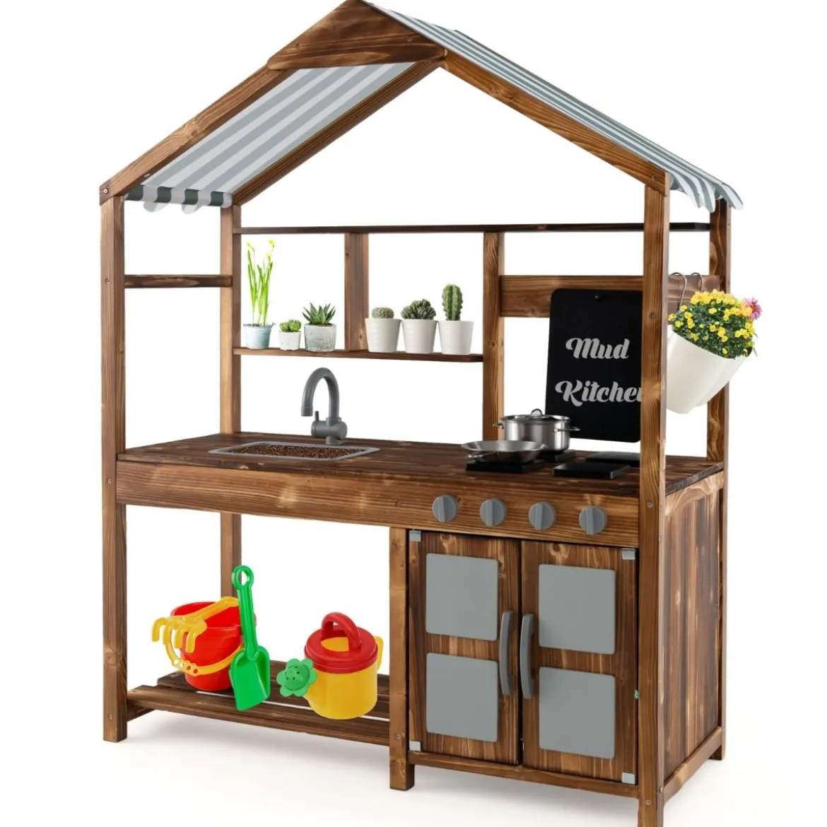 Kinder Matschküche aus Massivholz mit Vordach & Kreidetafel & Abnehmbarem Spülbecken
