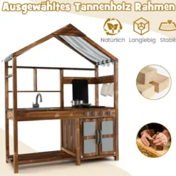 Kinder Matschküche aus Massivholz mit Vordach & Kreidetafel & Abnehmbarem Spülbecken