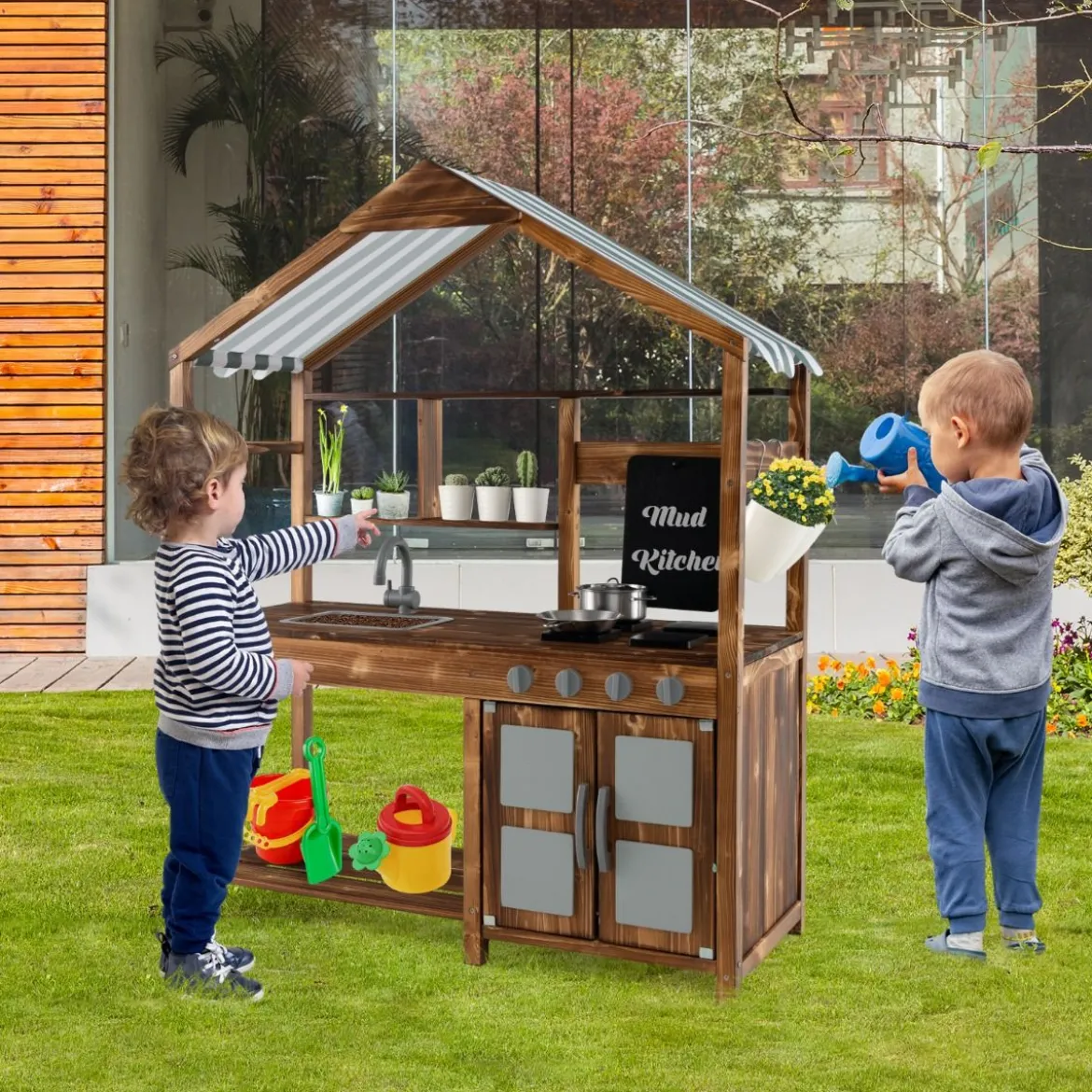 Kinder Matschküche aus Massivholz mit Vordach & Kreidetafel & Abnehmbarem Spülbecken