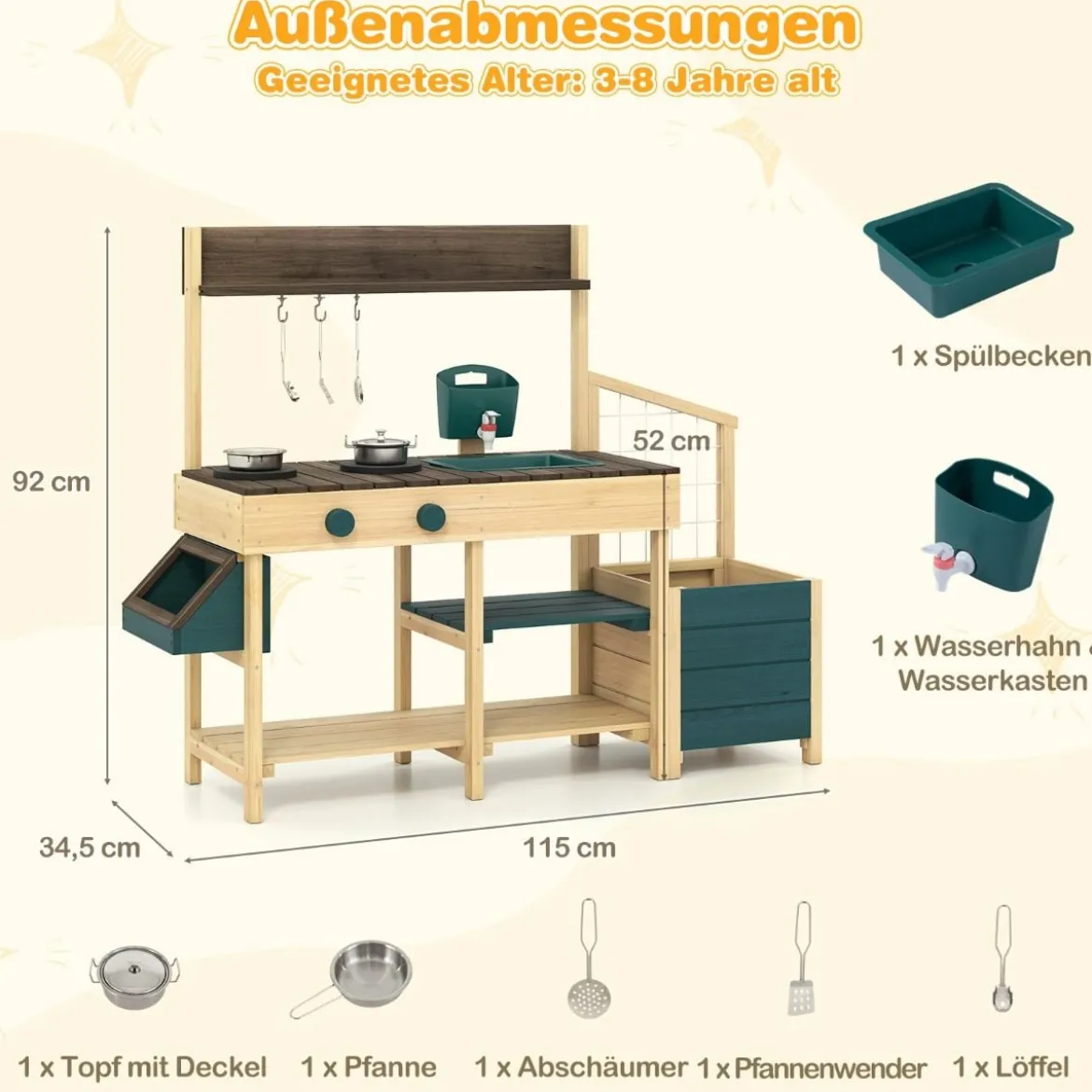 Kinder Matschküche mit Pflanzkasten & Rankgitter Outdoor Kinderküche mit Wasserfunktion Natur + Grün