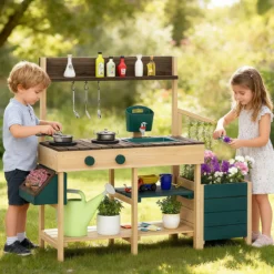 Kinder Matschküche mit Pflanzkasten & Rankgitter Outdoor Kinderküche mit Wasserfunktion Natur + Grün