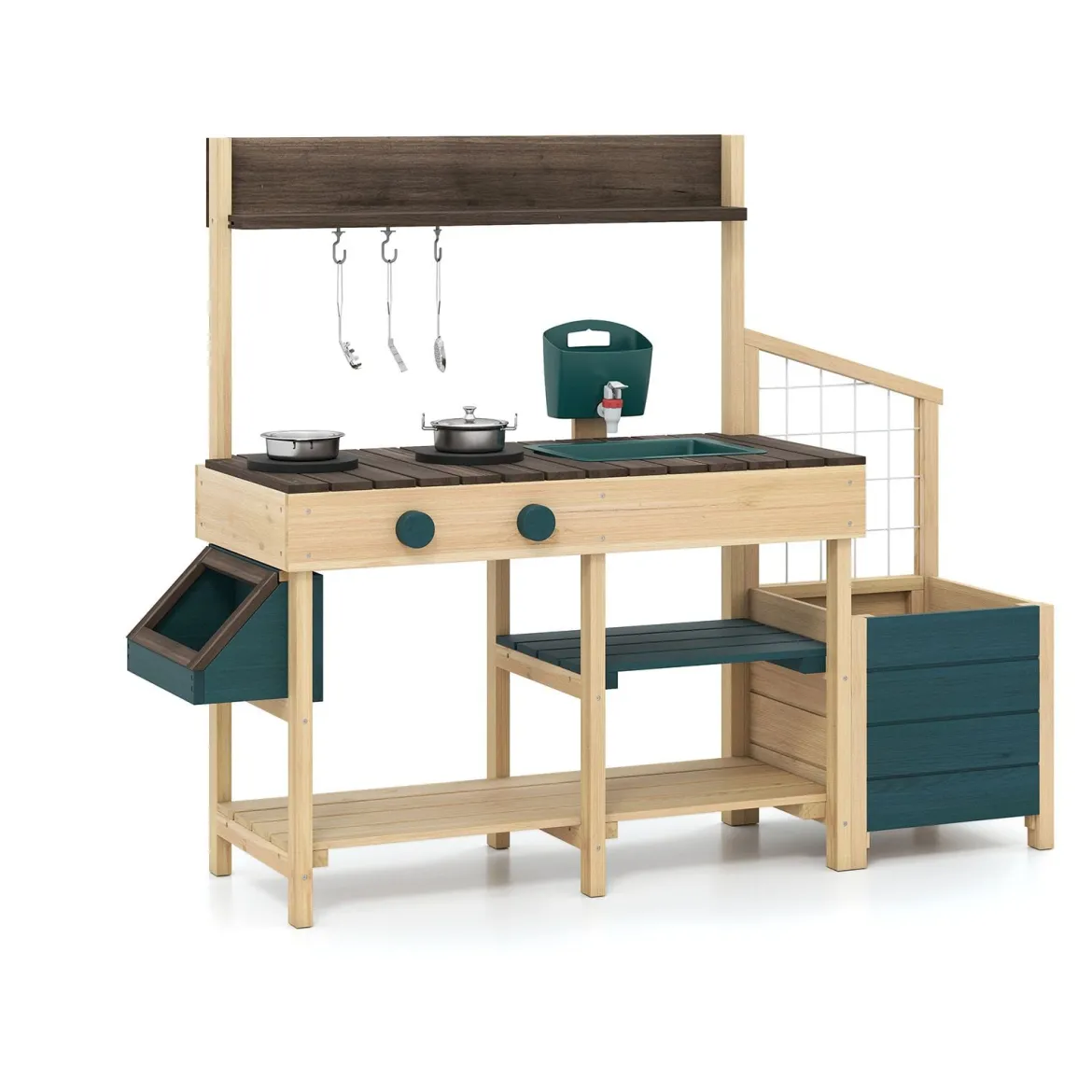 Kinder Matschküche mit Pflanzkasten & Rankgitter Outdoor Kinderküche mit Wasserfunktion Natur + Grün