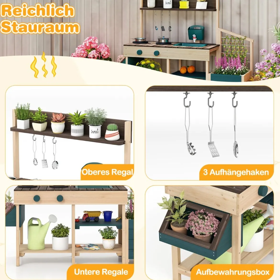 Kinder Matschküche mit Pflanzkasten & Rankgitter Outdoor Kinderküche mit Wasserfunktion Natur + Grün