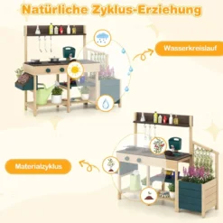 Kinder Matschküche mit Pflanzkasten & Rankgitter Outdoor Kinderküche mit Wasserfunktion Natur + Grün