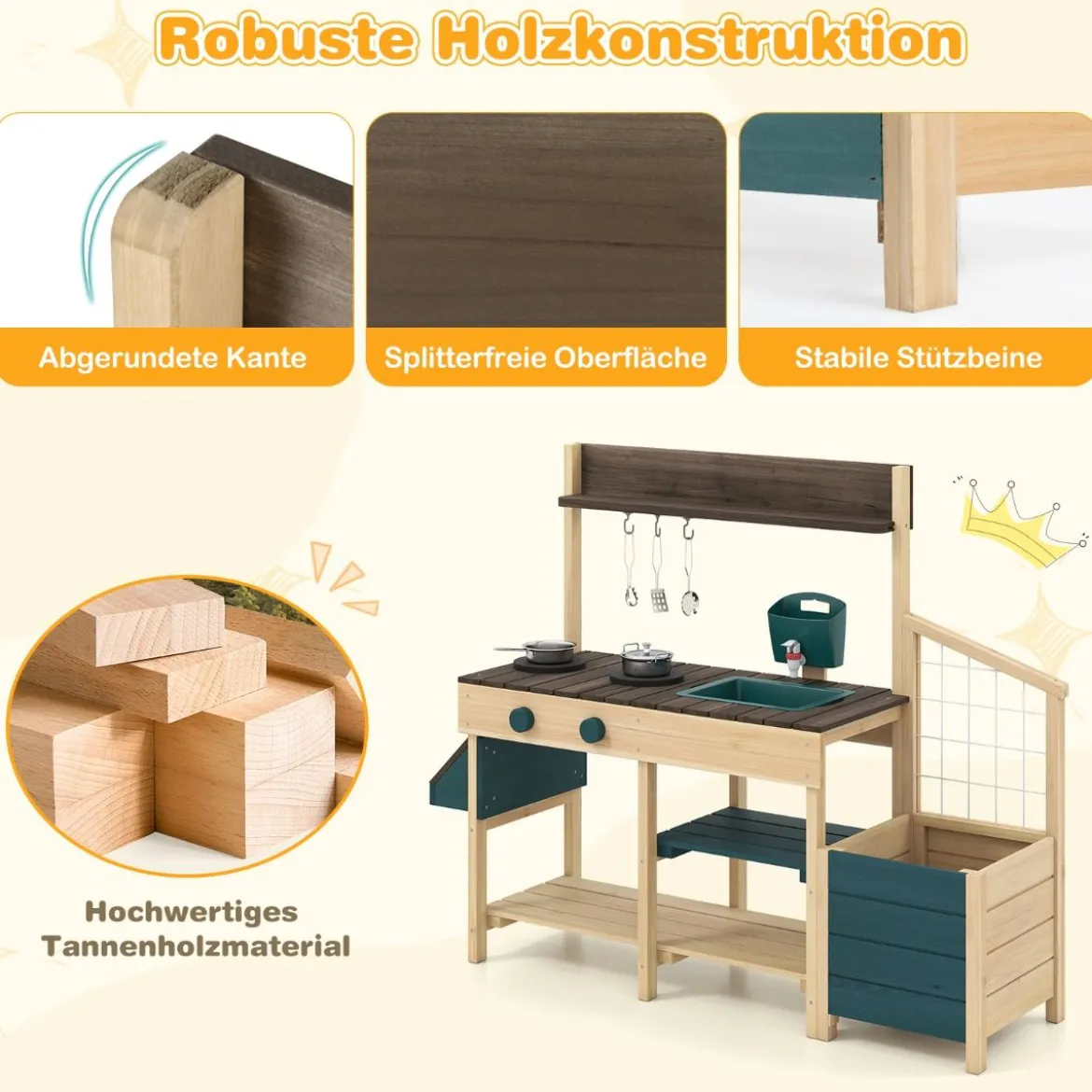 Kinder Matschküche mit Pflanzkasten & Rankgitter Outdoor Kinderküche mit Wasserfunktion Natur + Grün