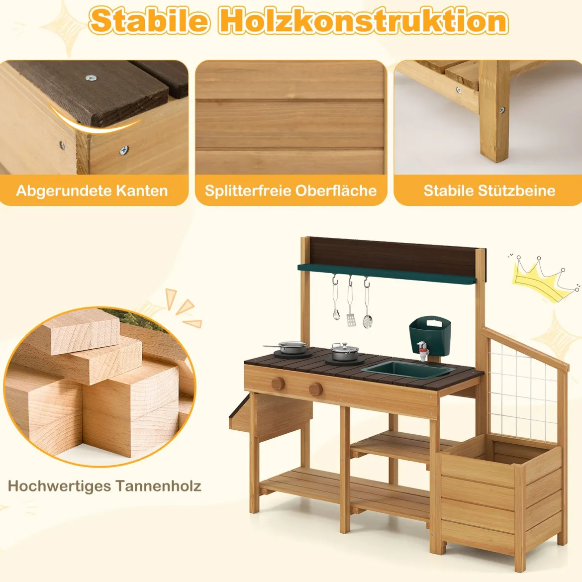 Kinder Matschküche mit Pflanzkasten & Rankgitter Outdoor Kinderküche mit Wasserfunktion Natur + Braun