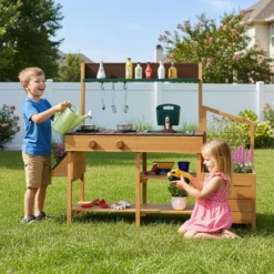 Kinder Matschküche mit Pflanzkasten & Rankgitter Outdoor Kinderküche mit Wasserfunktion Natur + Braun