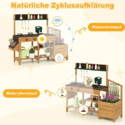 Kinder Matschküche mit Pflanzkasten & Rankgitter Outdoor Kinderküche mit Wasserfunktion Natur + Braun